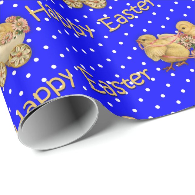 Niedlich Osterhühner Blaue Polka Ostern Geschenkpapier (Rolleneckpunkt)