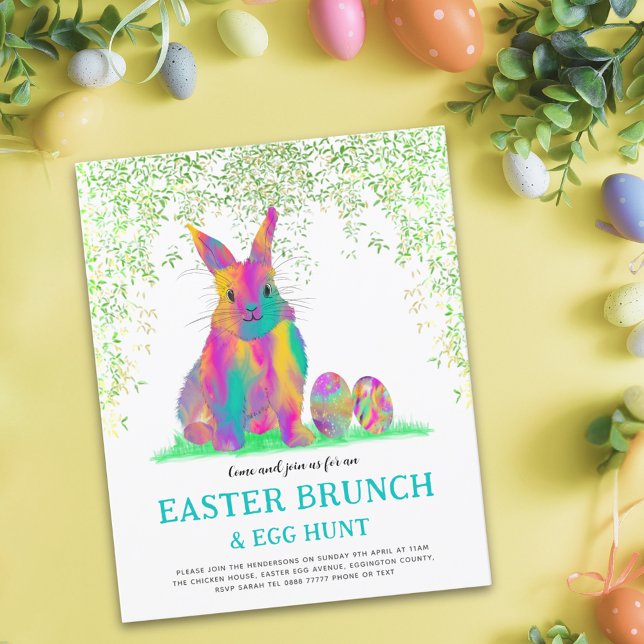 Niedlich Ostern Bunny Egg Hunt und Brunch Aquamari (Easter egg hunt spring brunch cute colorful watercolor Easter bunny garden party budget invitation)