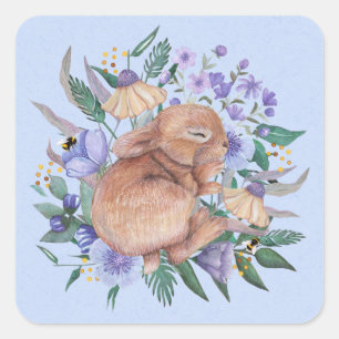 Niedlich Ostern Bunny Lila Florals Napkins Quadratischer Aufkleber