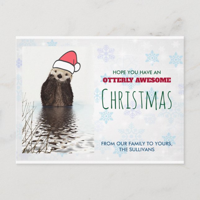 Niedlich Otter mit einer Weihnachtsmannmütze Weihn Postkarte (Vorderseite)