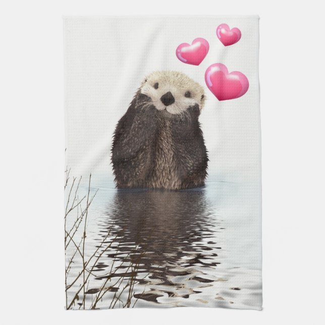 Niedlich Otter mit rosa Liebe Herz Geschirrtuch (Vertikal)