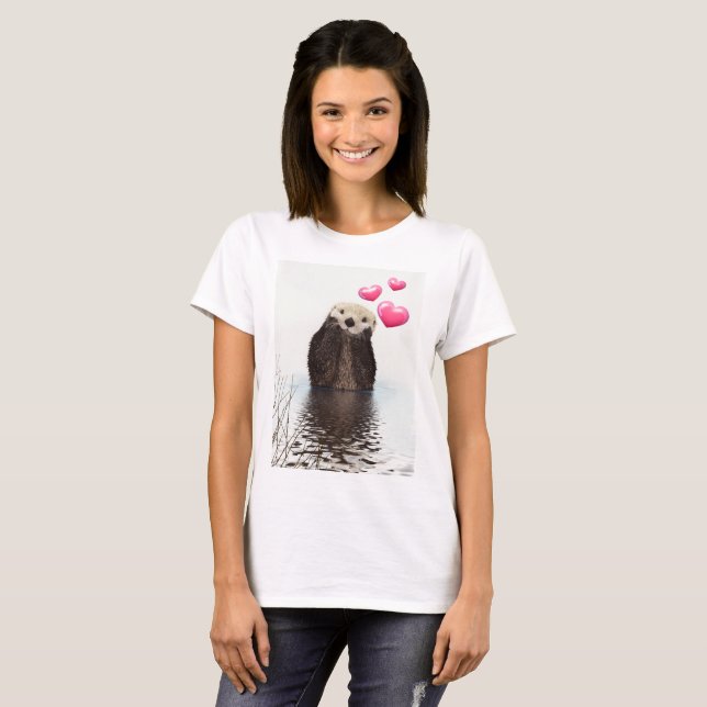 Niedlich Otter mit rosa Liebe Herz T-Shirt (Vorne ganz)