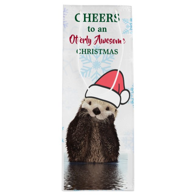 Niedlich Otter Tragen einer Weihnachtsmannmütze We Geschenktüte Für Weinflaschen (Vorderseite)