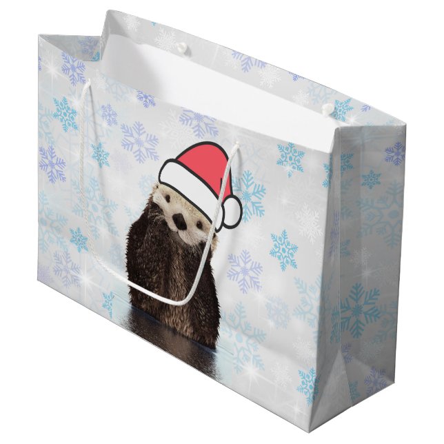 Niedlich Otter Weihnachtsmannmütze Weihnachten tra Große Geschenktüte (Vorderseite Schrägansicht)