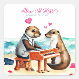 Niedlich Otters Couple   Romantische Hochzeit Quadratischer Aufkleber