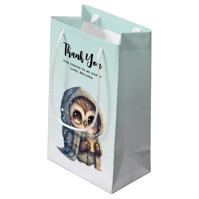 Niedlich Owl Holding einen Kaffee Party Danke Kleine Geschenktüte (Rückseite Schrägansicht)