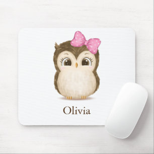 Niedlich Owl Pink Bow Girl Wasserfarbe Name Mousepad