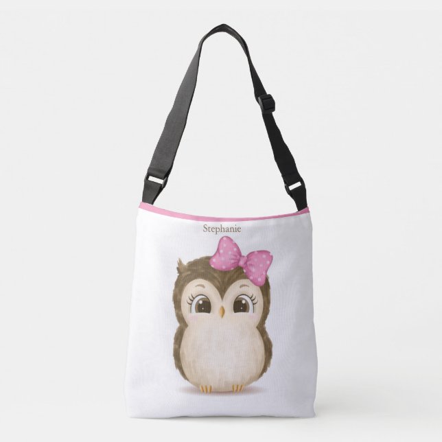 Niedlich Owl Pink Bow Girl Wasserfarbe Name Tragetaschen Mit Langen Trägern (Vorderseite)