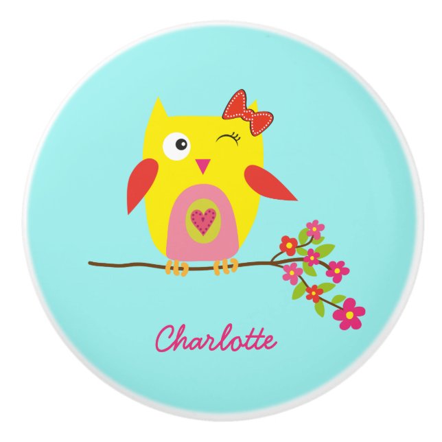Niedlich Owl Yellow Pink Blume Personalisiert Name Keramikknauf (Vorderseite)