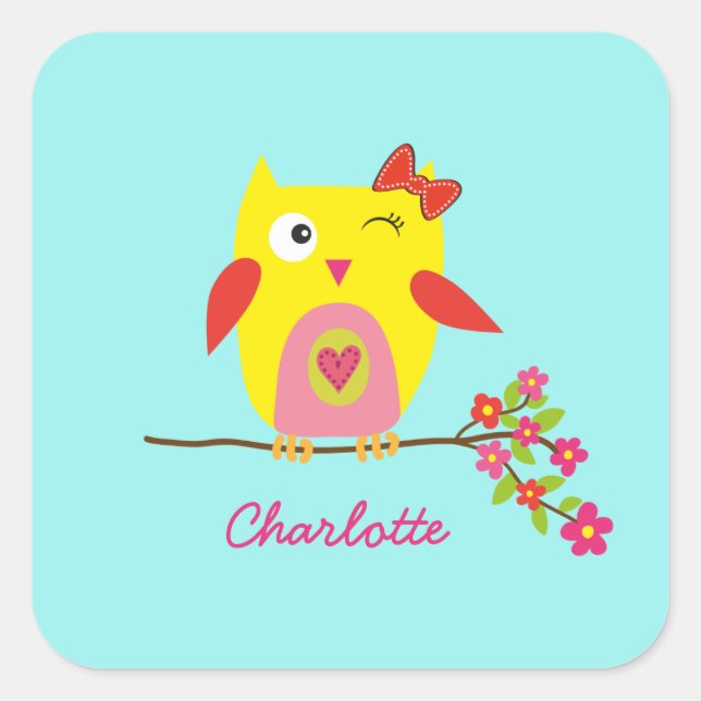 Niedlich Owl Yellow Pink Blume Personalisiert Name Quadratischer Aufkleber (Vorderseite)