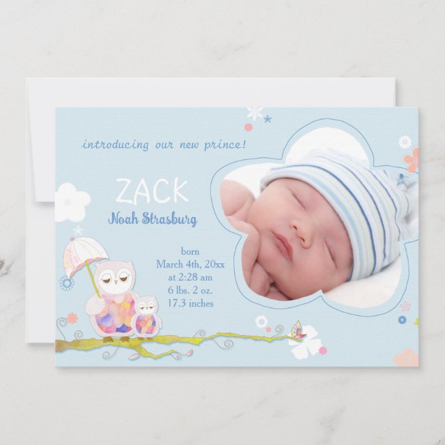 Niedlich Owls Blue Baby Boy Foto Birth Ankündigung (Vorderseite)