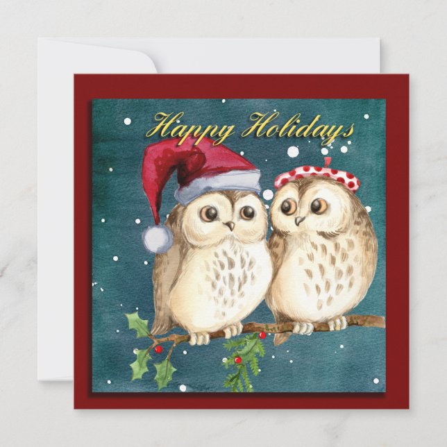 Niedlich Owls Christmas Feiertagskarte (Vorderseite)