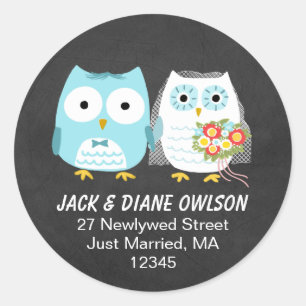 Niedlich Owls Newlywed Couple Moderne Rücksendea Runder Aufkleber