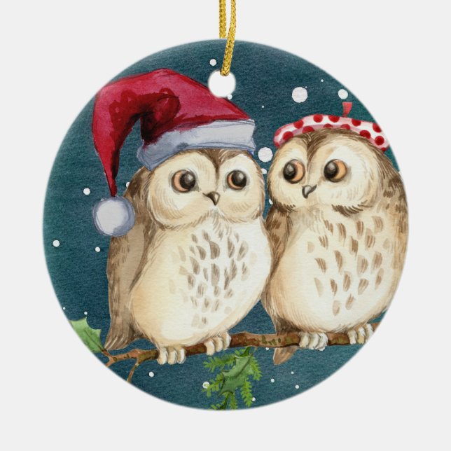 Niedlich Owls Weihnachten Keramik Ornament (Vorne)