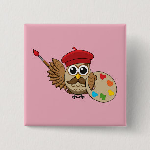 Niedlich Painter Owl Cartoon Button