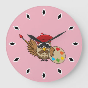 Niedlich Painter Owl Cartoon Große Wanduhr