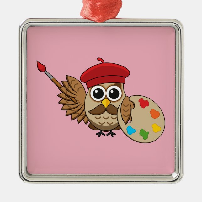 Niedlich Painter Owl Cartoon Ornament Aus Metall (Vorne)
