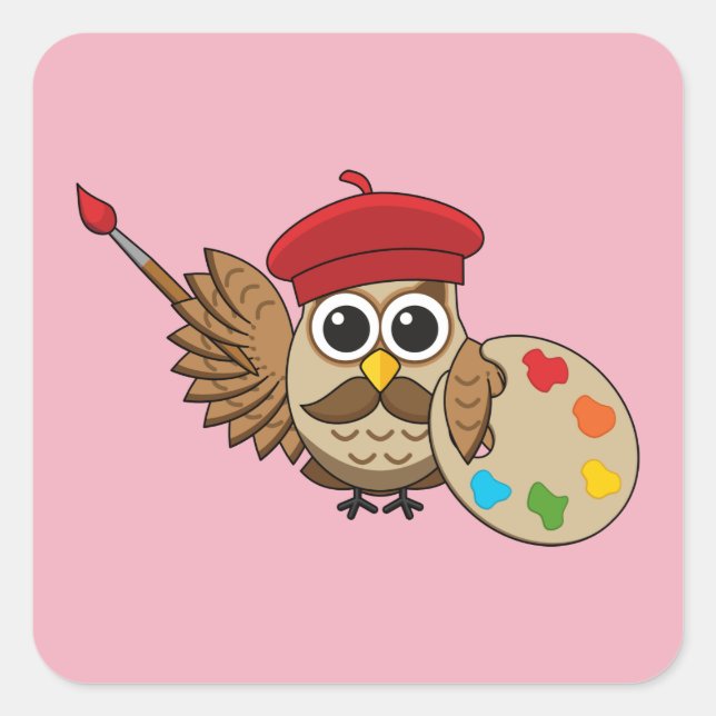 Niedlich Painter Owl Cartoon Quadratischer Aufkleber (Vorderseite)