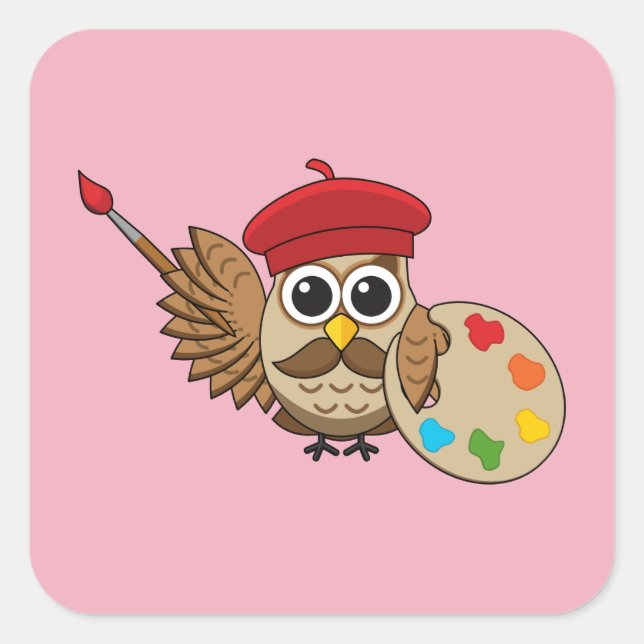 Niedlich Painter Owl Cartoon Quadratischer Aufkleber (Vorderseite)