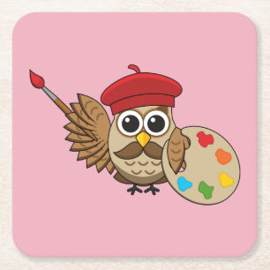 Niedlich Painter Owl Cartoon Rechteckiger Pappuntersetzer