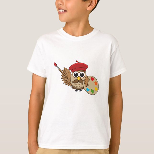Niedlich Painter Owl Cartoon T-Shirt (Vorderseite)
