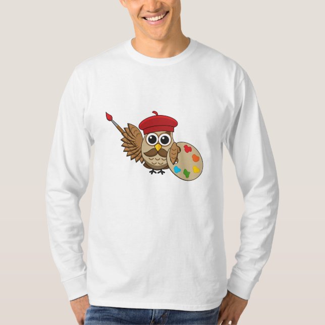 Niedlich Painter Owl Cartoon T-Shirt (Vorderseite)