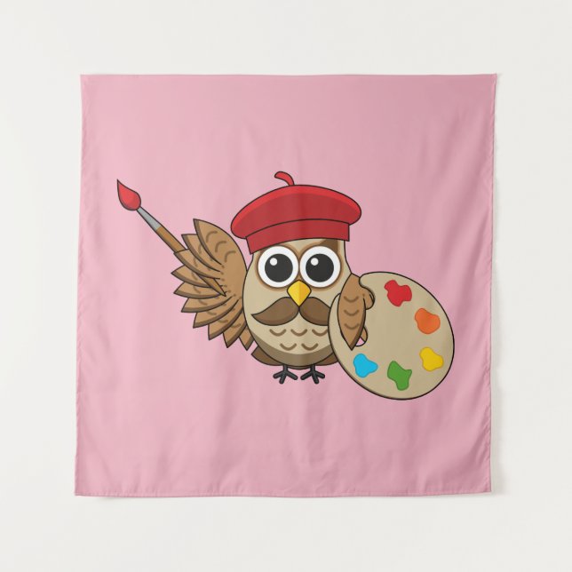 Niedlich Painter Owl Cartoon Wandteppich (Vorderseite)