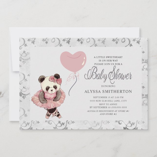 Niedlich Panda Bear Ballerina Baby Girl Dusche Einladung (Vorderseite)