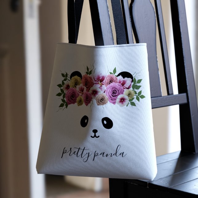 Niedlich Panda Bear Girl White Personalisiert Tote (A pretty panda bear with flowers in her hair. Just add your name)