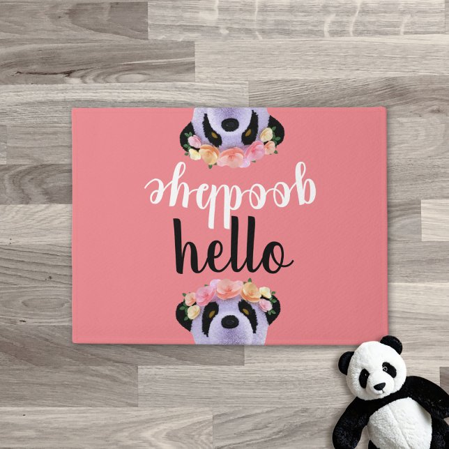 Niedlich Panda Bear Hallo Auf Wiedersehen Coral Pi Fußmatte (Cute Panda Bear Hello Goodbye Coral Pink Doormat just for you)