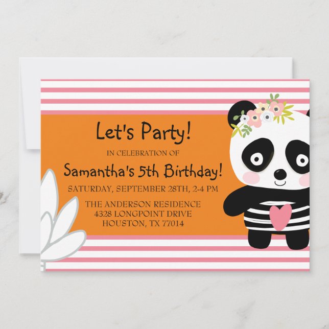 Niedlich Panda Birthday Girl Einladung (Vorderseite)