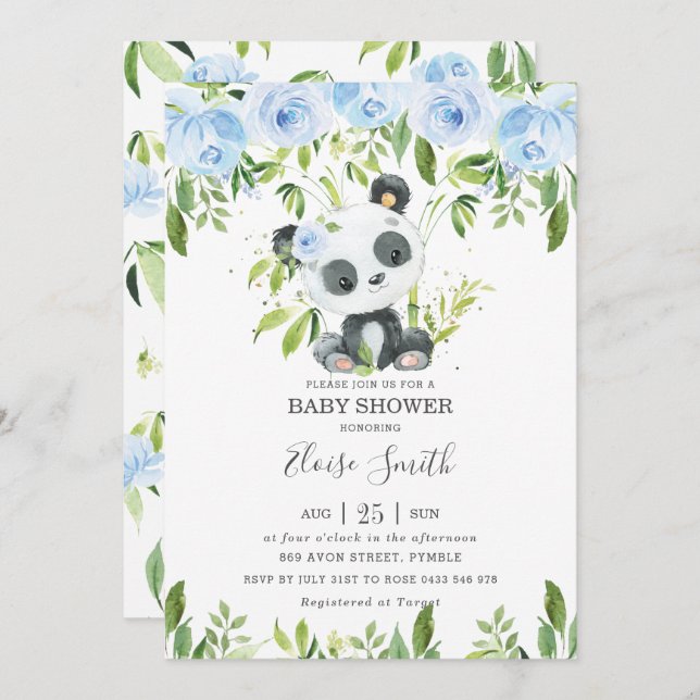 Niedlich Panda Blue Floral Greenerity Baby Dusche Einladung (Vorne/Hinten)