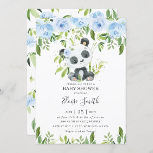 Niedlich Panda Blue Floral Greenerity Baby Dusche  Einladung
