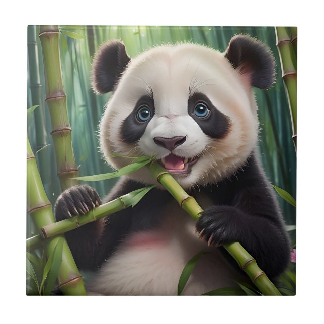 Niedlich Panda Eating Bamboo Fliese (Vorderseite)