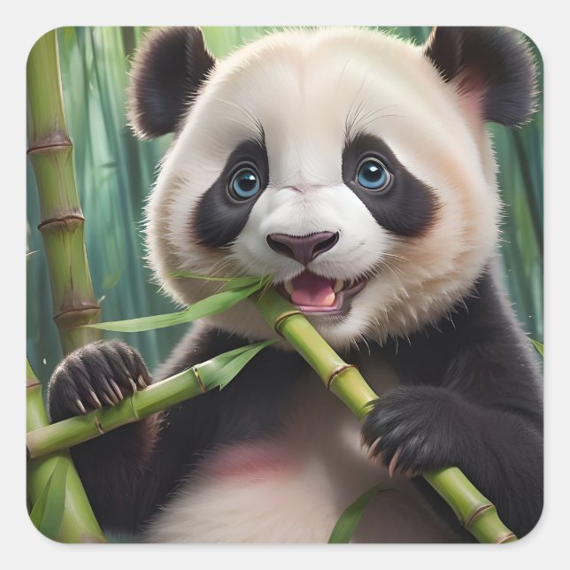 Niedlich Panda Eating Bamboo Quadratischer Aufkleber (Vorderseite)