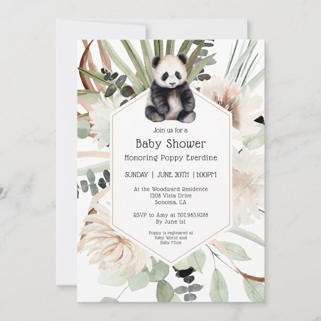 Niedlich Panda Greenery Baby Duwer Gender Neutral Einladung (Vorderseite)