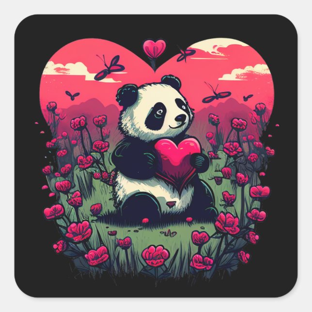 Niedlich Panda Holding Heart - Valentinstag Gesche Quadratischer Aufkleber (Vorderseite)