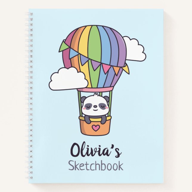 Niedlich Panda in Rainbow Hot Air Ballon Sketchboo Notizbuch (Vorderseite)