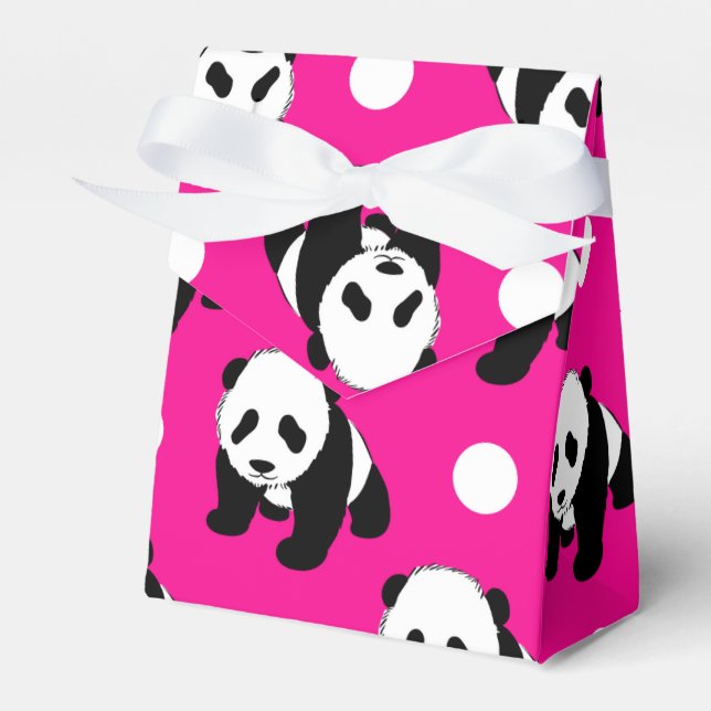Niedlich Panda; Neon Pink, Black & White Polka Dot Geschenkschachtel (Vorderseite)