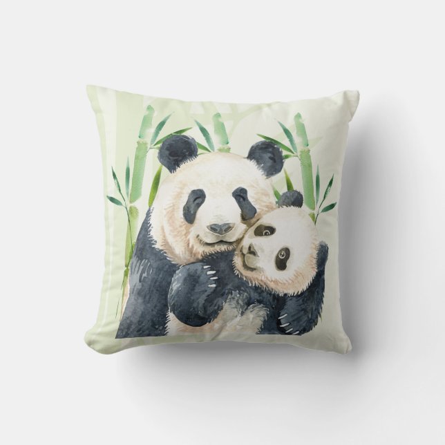 Niedlich Panda Pair & Bamboo Wasserfarbe Kissen (Vorderseite)
