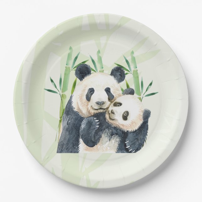 Niedlich Panda Pair & Bamboo Wasserfarbe Pappteller (Vorderseite)