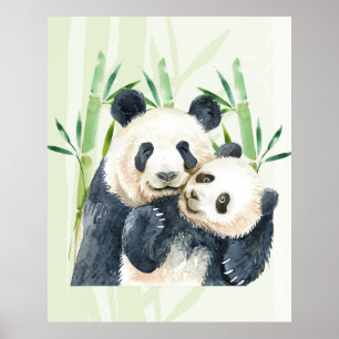 Niedlich Panda Pair & Bamboo Wasserfarbe Poster