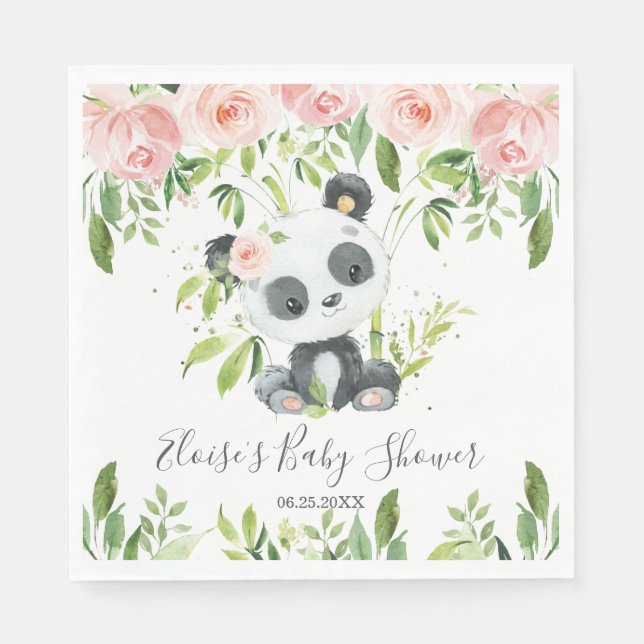 Niedlich Panda Pink Blumengrün Baby Dusche Party Serviette (Vorderseite)