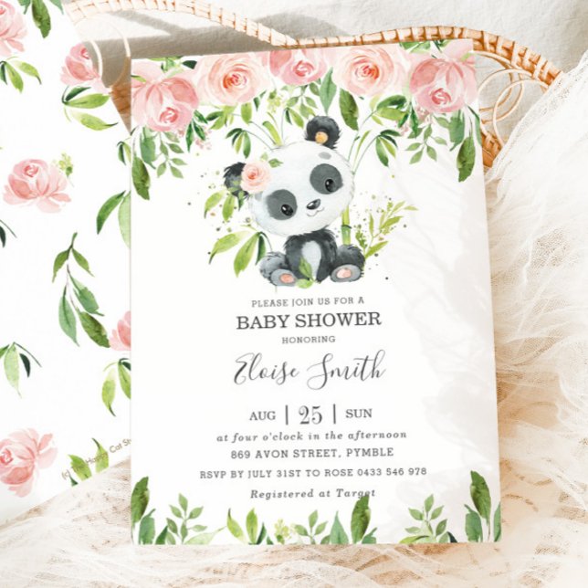 Niedlich Panda Pink Blumengrün Baby Shower Girl Einladung (Von Creator hochgeladen)