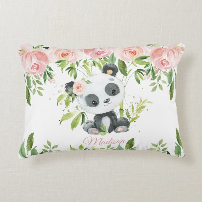 Niedlich Panda Pink Blumengrün Bamboo Dekokissen (Vorderseite)