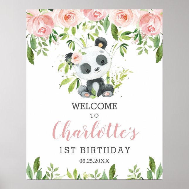 Niedlich Panda Pink Blumengrün Geburtstag Willkomm Poster (Vorne)