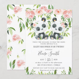 Niedlich Panda Pink Floral Twin Girls Babydusche Einladung