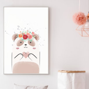 Niedlich Panda Pink Herz Blume Kinderzimmer Poster