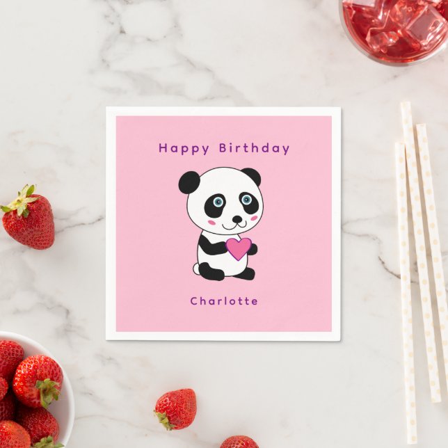 Niedlich Panda Pink Herzens Geburtsdatum Personali Serviette (Beispiel)