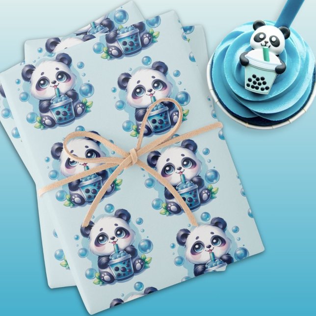 Niedlich Panda und Blue Boba Bubble Tee Geschenkpapier Set (Von Creator hochgeladen)